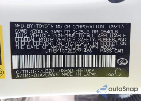 2014 Lexus Es 350 from USA, damaged, VIN JTHBK1GG2E2091486